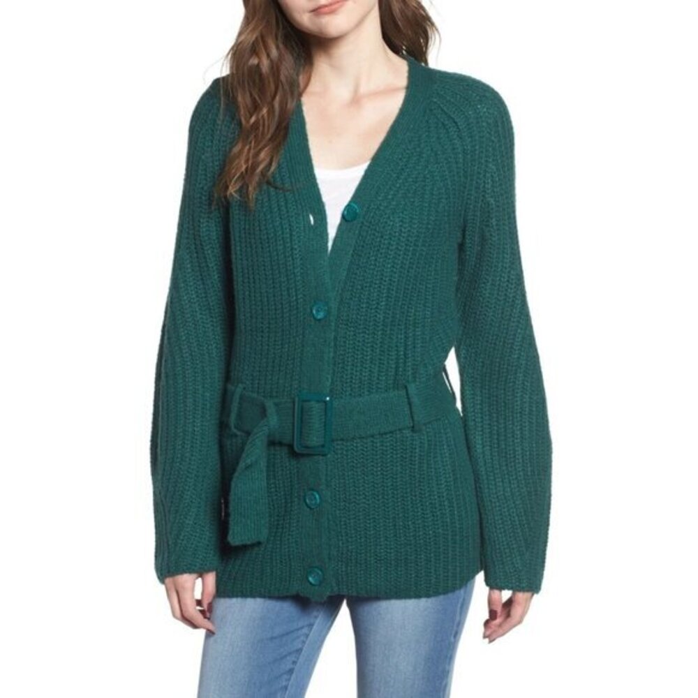 Leith Women's Sweater Belted Rib-Knit Ladies Cardigan Green SZ XL NEW